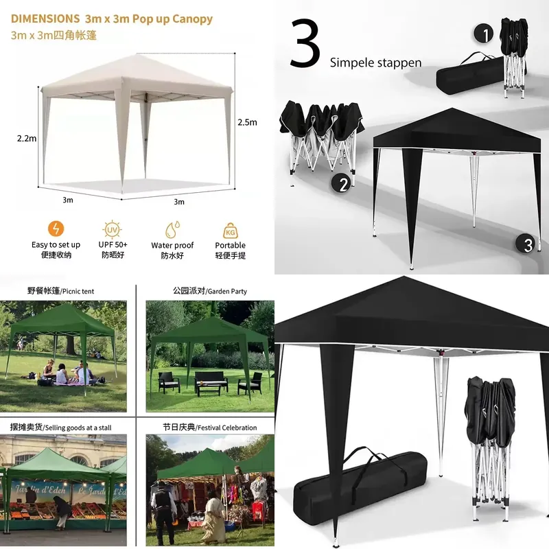 Outdoor Camping Exhibition - Tente pliante 300x300x220cm, imperméable, auvent pop-up,